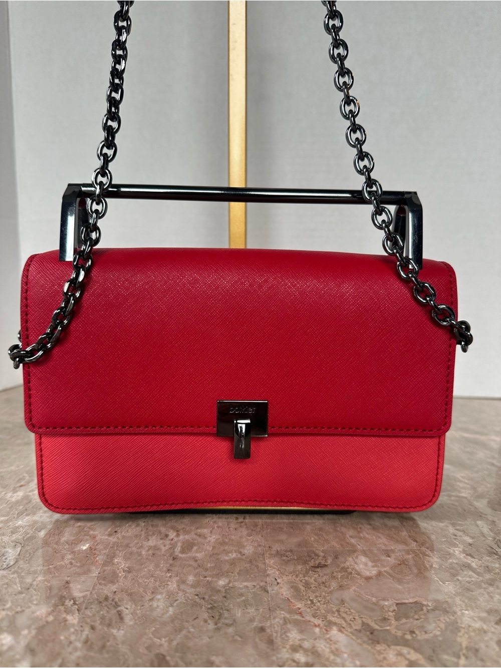Botkier New York Lennox Red Saffiano Leather Crossbody Bag Chain Minimalist Chic